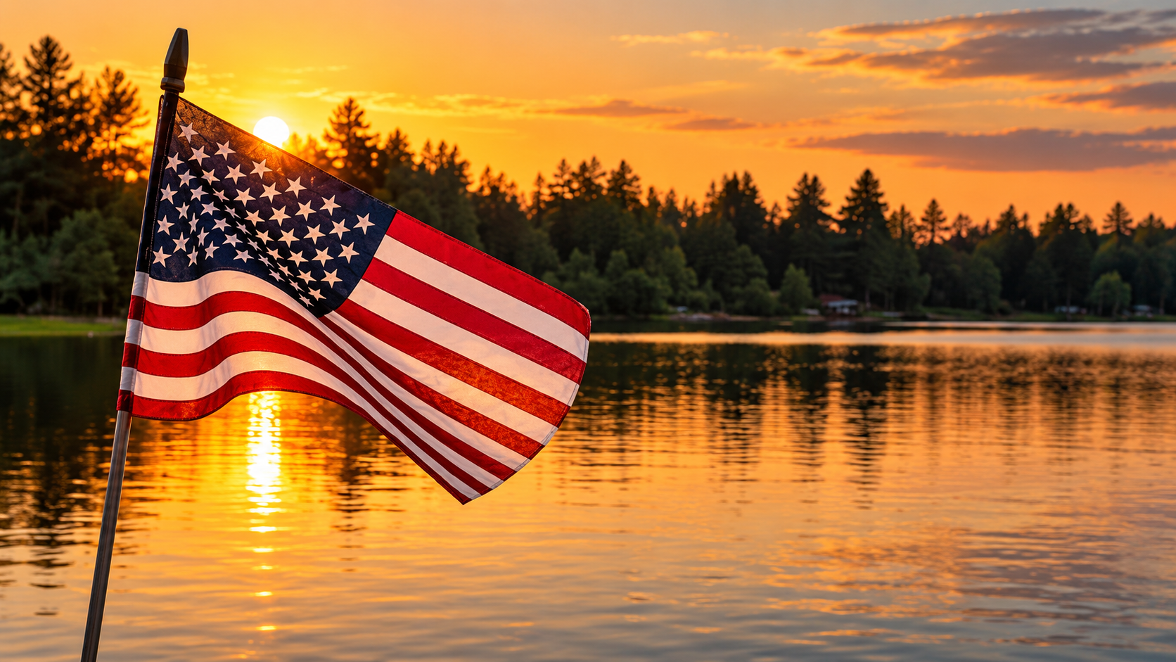 American Flag Over Sunset Lake